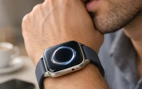 Mężczyzna zamyślony, z dłonią przy ustach, nosi smartwatch z funkcją esim. Elegancki gadżet na nadgarstku.