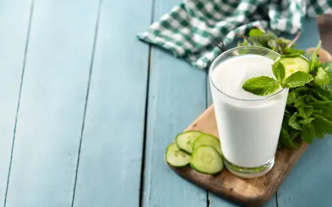 Szklanka białego napoju, idealna na kefir w ciąży, ozdobiona plasterkami ogórka i miętą.