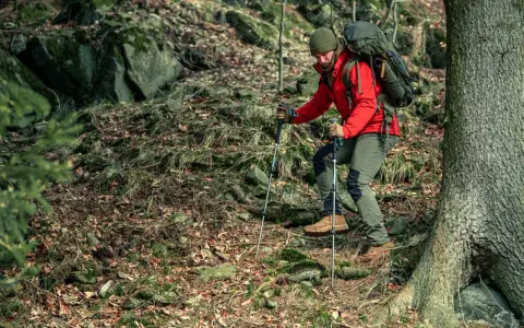 Mężczyzna w czerwonej kurtce i zielonej czapce z plecakiem wspina się po kamienistym, leśnym szlaku, używając kijków. To jest właśnie trekking!