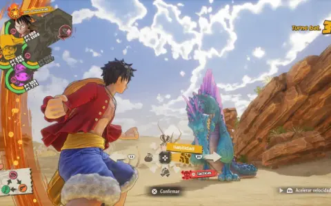 Luffy se enfrenta a un dragón en One Piece Odyssey. El turno 3 del combate está activo.
