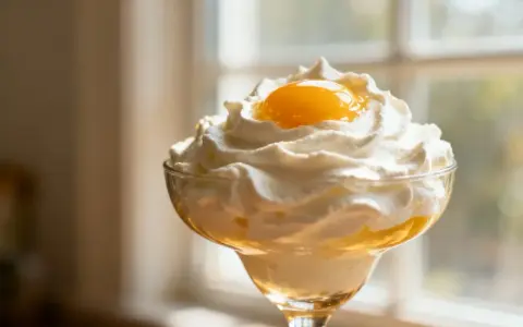 Dessert crémeux avec chantilly mascarpone aérienne et une touche de jaune d'œuf. Parfait pour conserver la fraîcheur.
