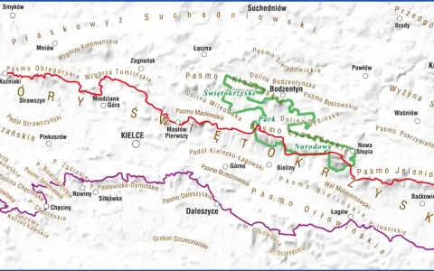 Mapa turystyczna z zaznaczonym szlakiem świętokrzyskim, prowadzącym przez Pasmo Łysogórskie, Bodzentyn i Kielce.