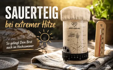 Sauerteig bei extremer Hitze: Ein Glas Sauerteig, ein Thermometer zeigt hohe Temperatur, Brot im Hintergrund. So gelingt Brot auch im Hochsommer.