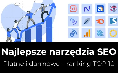 Zespół wspina się po wykresie, symbolizując sukces dzięki najlepszym narzędziom SEO. Ikony reprezentują różne funkcje.