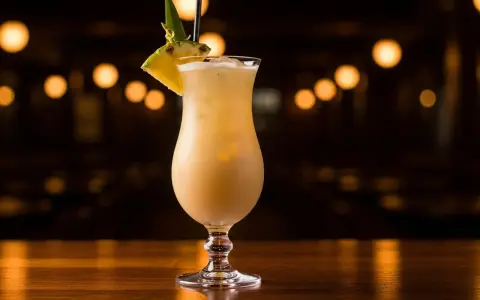 En krämig virgin piña colada, dekorerad med ananas och ett sugrör, står på en träbar med bokeh-ljus i bakgrunden.