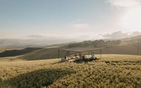 Un gruppo di persone si riunisce sotto una tettoia in un campo di grano dorato, godendosi la tipica bellezza siciliana al tramonto.