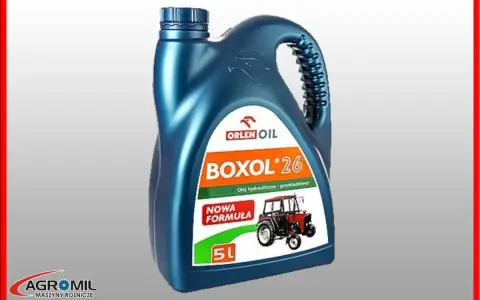 Niebieski kanister oleju hydrauliczno-przekładniowego Boxol 26 Orlen Oil z wizerunkiem traktora.