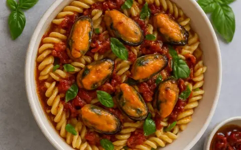 Pasta fusilli con mejillones y salsa de tomate casera, decorada con hojas de albahaca fresca. Un plato delicioso y lleno de sabor.