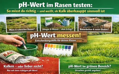 Rasen-pH-Wert 7 ist ideal. Ein Teststreifen zeigt den Wert an. Kalken nur bei Bedarf.