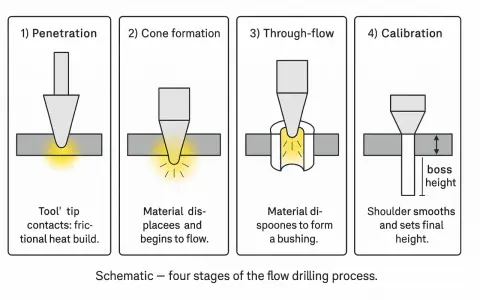 Schema a quattro fasi del processo di foratura a flusso, utile per determinare la tabella velocità foratura metalli.
