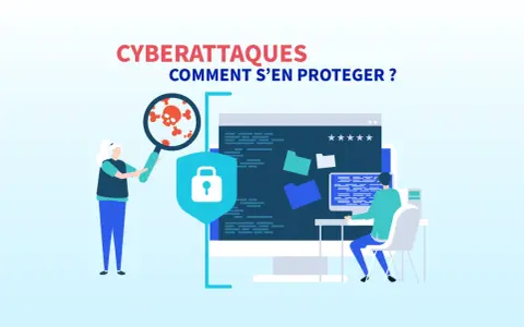Une personne examine une loupe sur un crâne et des virus, symbolisant une cyberattaque. Un bouclier avec un cadenas et un ordinateur montrent la protection.