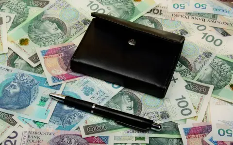 Czarny portfel i długopis leżą na stosie polskich banknotów.