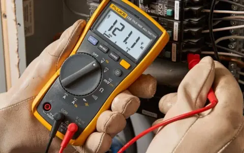 Un électricien utilise un multimètre pour mesurer la tension. Il cherche à comment reconnaître la phase du neutre en testant les fils d'un panneau électrique.