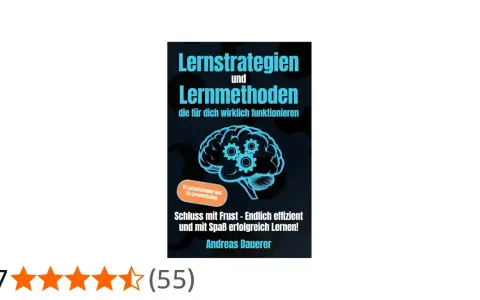 Buchcover mit Gehirn-Grafik und Zahnrädern. Titel: "Lernstrategien und Lernmethoden, die für dich wirklich funktionieren". Enthält 19 Lernstrategien und 33 Lernmethoden.