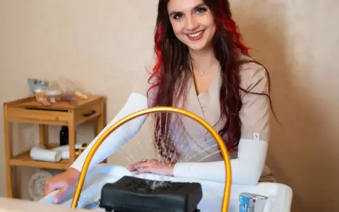 Uśmiechnięta stylistka z rudymi pasemkami przygotowuje się do zabiegu. Dowiedz się, ile kosztuje pedicure w tym salonie.