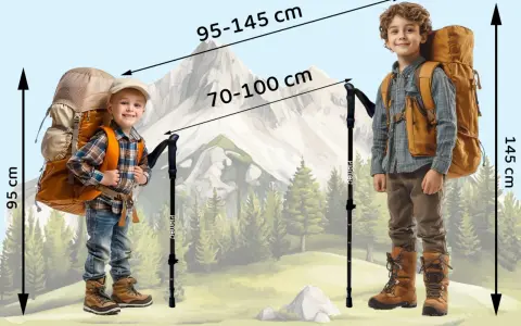 Dwóch chłopców z plecakami i kijki w góry. Mniejszy ma 95 cm, większy 145 cm. Wskazówki dotyczące długości kijków: 70-100 cm i 95-145 cm.