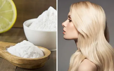 Bicarbonato in ciotola e cucchiaio, accanto a una donna con capelli biondi luminosi. Un rimedio naturale per la cura dei capelli.