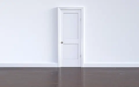 Białe, dwuskrzydłowe drzwi wewnętrzne Erkado z eleganckim złotym pochwytem, stojące na ciemnej podłodze.