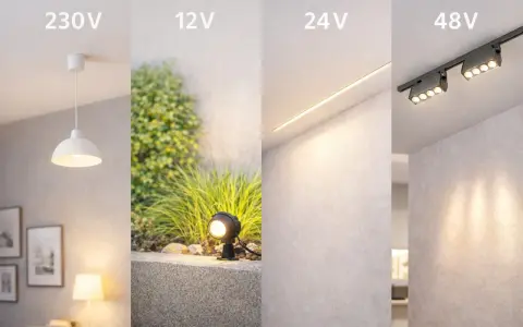 Różne rodzaje oświetlenia: lampa wisząca 230V, ogrodowa 12V, liniowa 24V i reflektory 48V. Różne napięcie znamionowe, różne zastosowania.