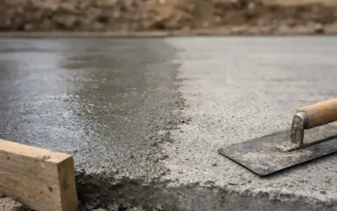 Świeżo wylany, mokry beton czeka na wykończenie. Narzędzia budowlane, jak kielnia i drewniany krawężnik, sugerują szybki postęp prac.