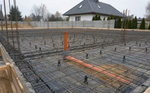 Przygotowania do wylania fundamentu tradycyjnego: zbrojenie, folia izolacyjna i rury kanalizacyjne.