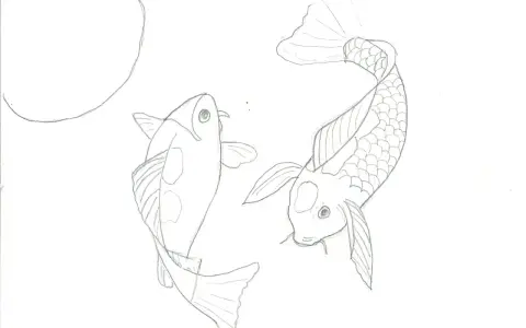 Två koi-karpar i blyerts, redo att måla fisk. En svagt böjd linje antyder en bubbla eller en vattenyta.
