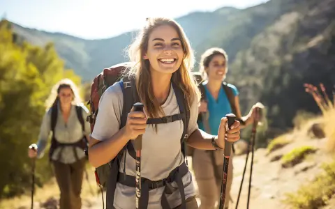 Uśmiechnięte kobiety podczas trekkingu w górach, cieszące się wędrówką.