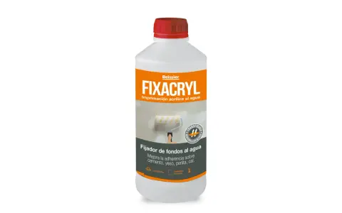 Botella de Fixacryl, imprimación acrílica al agua. Ideal para mejorar adherencia en cemento, yeso, perlita y cal. Transpirable y resistente a álcalis.