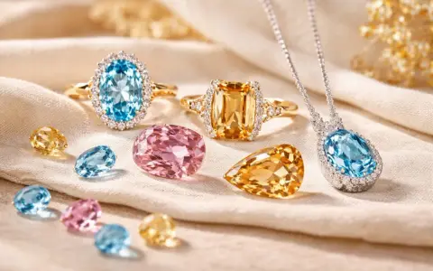 Gioielli con pietre preziose: anelli con topazio pietra blu e giallo, un pendente con topazio pietra blu e gemme rosa.