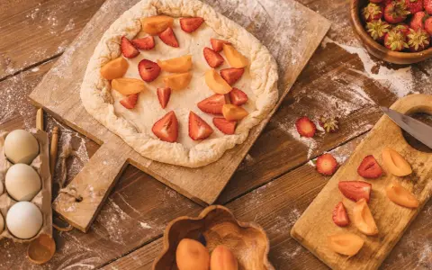 Préparation d'un crumble abricot et fraises sur une planche en bois, avec des œufs et des fruits frais à proximité.