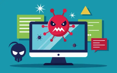 Un virus de internet ataca un ordenador. Un monstruo rojo con cara de enfado sale de la pantalla, mientras un skull hacker acecha.