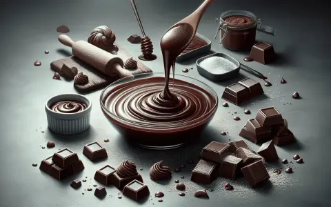 Une cuillère en bois verse une sauce chocolat onctueuse dans un bol en verre. Des carrés de chocolat, du sucre et un rouleau à pâtisserie complètent cette scène gourmande.