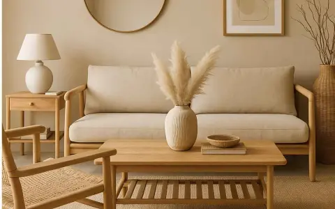 Soggiorno con pareti tortora sabbia, divano beige, tavolino in legno e sedia in paglia.