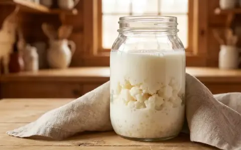 Ein Glas mit Kefir-Körnern und Milch steht auf einem Holztisch. Kefir ist ein fermentiertes Milchgetränk.