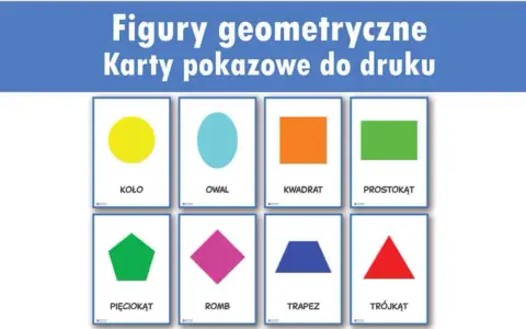 Karty edukacyjne z figurami geometrycznymi: koło, owal, kwadrat, prostokąt, pięciokąt, romb, trapez, trójkąt.