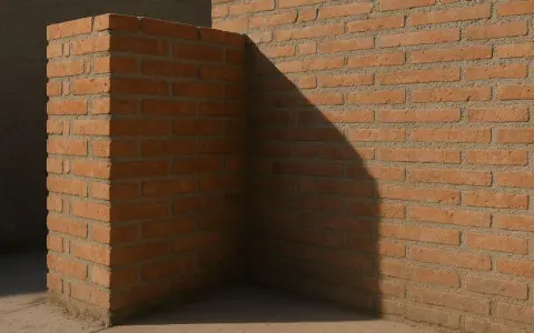 Esquina de un muro medianero entre vecinos, construido con ladrillos de color terracota y cemento gris. Una sombra diagonal cruza la pared.