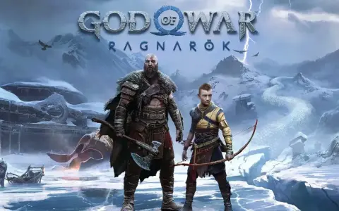 Kratos y Atreus se preparan para la aventura en los yermos de God of War Ragnarök, un paisaje helado con un dragón serpenteante.