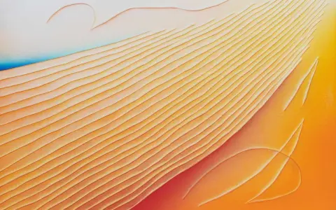 Abstract Gutai art with flowing orange and yellow lines, evoking sand dunes or rippling water.