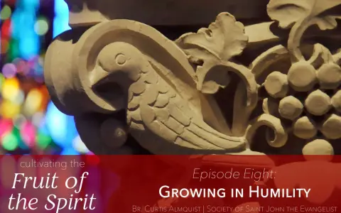 Stone carving of a bird and grapes, with text "Growing in Humility" and "Is humility a fruit of the spirit?