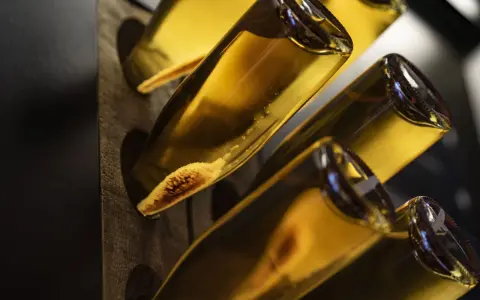 Flaschen mit Hefeablagerungen, bereit zum Degorgieren. Der Prozess des Degorgierens entfernt unerwünschte Sedimente aus Schaumwein.