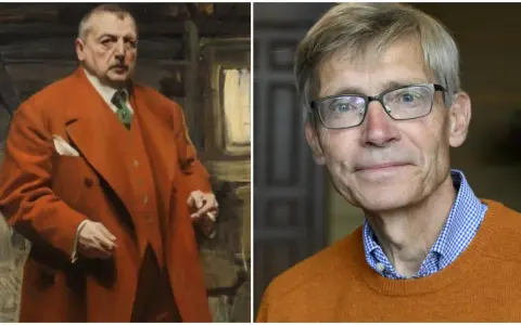 En målning av en man i orange kostym, bredvid ett porträtt av en man med glasögon. Kanske en anders zorn film?