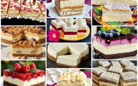 Kompilacja 10 najlepszych ciast: sernik, tiramisu, ciasto z malinami i kremem, deser z borówkami i wiele innych słodkości.