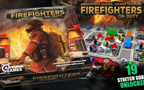 Gra planszowa "Firefighters on Duty" z bohaterem w stroju strażaka i planszą akcji.