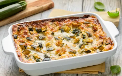 Lasagne di zucchine appena sfornate, dorate e filanti, con zucchine a cubetti e formaggio fuso.