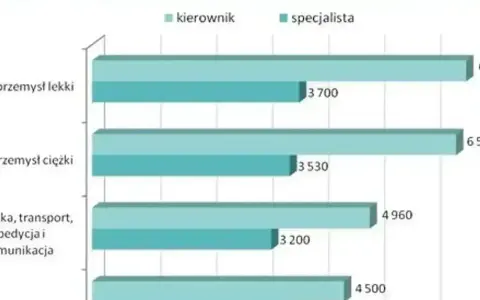 Wykres pokazuje, ile zarabia logistyk w różnych branżach. Specjalista w przemyśle lekkim zarabia 3700, a kierownik 6500.