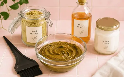 Preparazione per la colorazione naturale dei capelli: henné neutro, aceto di mele, olio di cocco e pennello. Valutare i henné capelli pro e contro per una scelta consapevole.