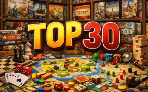 Popularne gry planszowe: "TOP 30" na tle półek z grami, plansza, kości, karty i pionki.