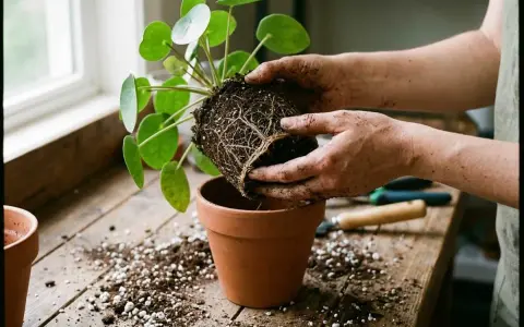 Mains terreuses tenant une plante aux racines bien développées, prête à rempoter dans un pot en terre cuite.