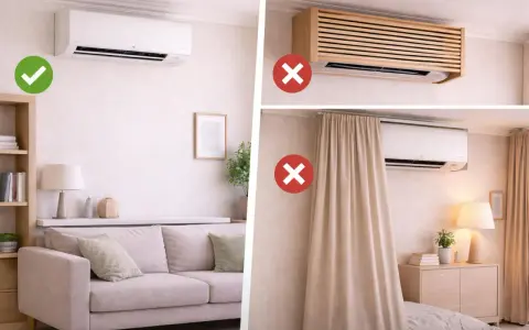Guía visual: cómo instalar aire acondicionado correctamente. Evita obstrucciones y cubiertas que impidan su funcionamiento óptimo.