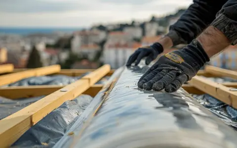 Mains gantées déroulant un pare-pluie sur une charpente en bois, avec une ville et la mer en arrière-plan.
